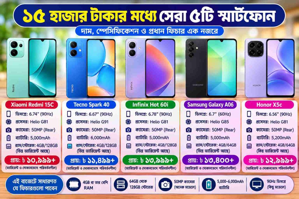 ১৫ হাজার টাকার মধ্যে সেরা ৫টি স্মার্টফোন ২০২৬ | দাম ও স্পেসিফিকেশন