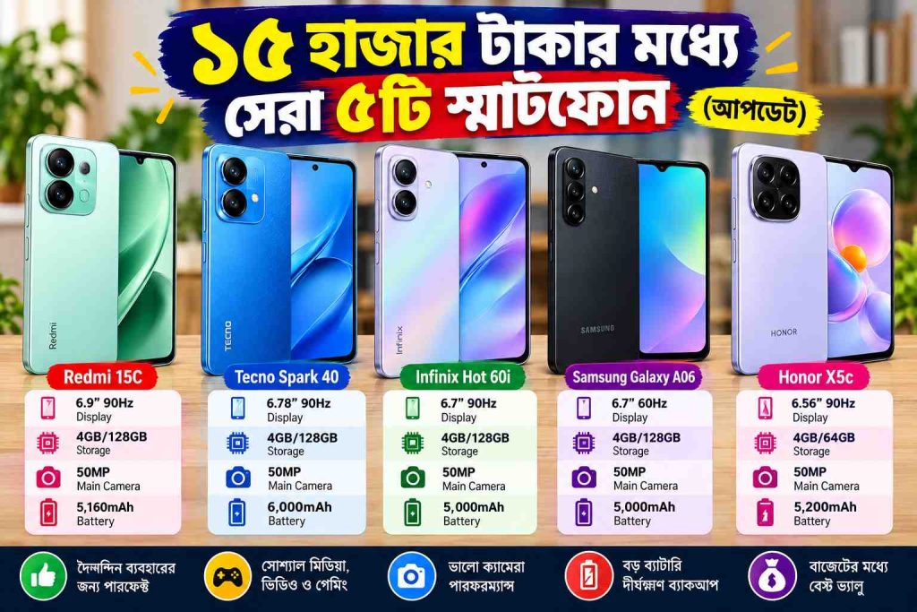 ১৫ হাজার টাকার মধ্যে সেরা ৫টি স্মার্টফোন ২০২৬ | দাম ও স্পেসিফিকেশন