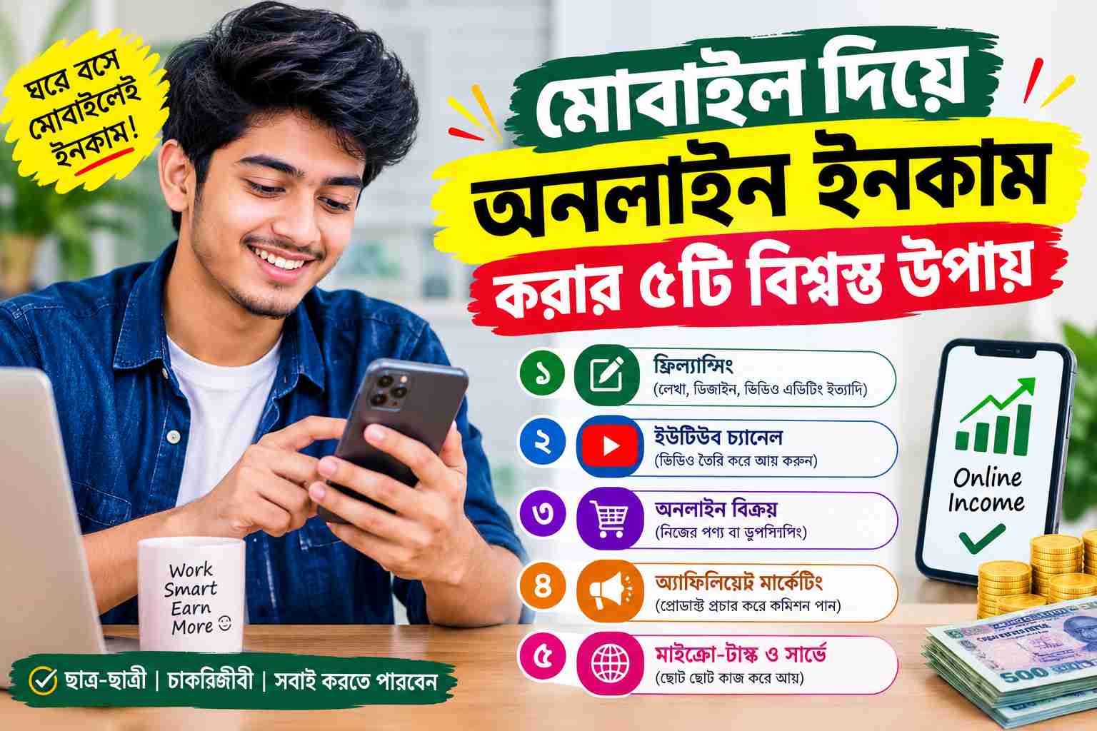 মোবাইল দিয়ে অনলাইন ইনকাম করার ৫টি বিশ্বস্ত উপায়