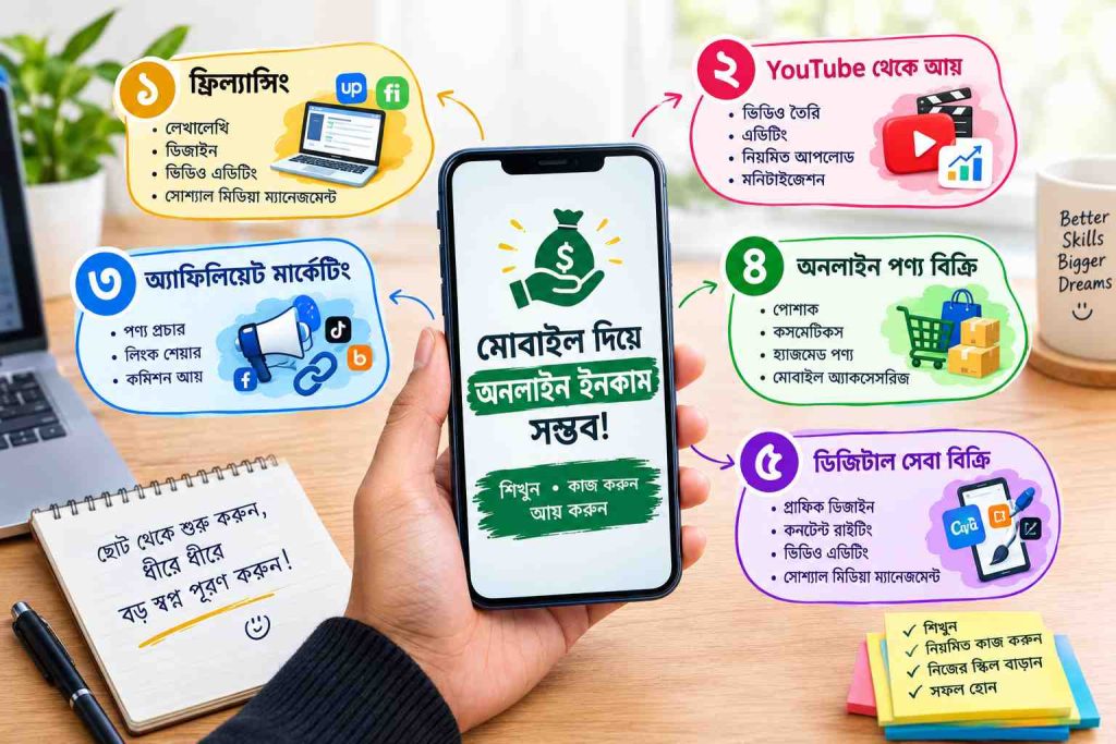মোবাইল দিয়ে অনলাইন ইনকাম করার ৫টি বিশ্বস্ত উপায়