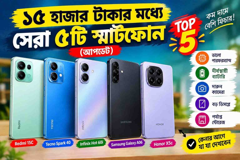 ১৫ হাজার টাকার মধ্যে সেরা ৫টি স্মার্টফোন ২০২৬ | দাম ও স্পেসিফিকেশন