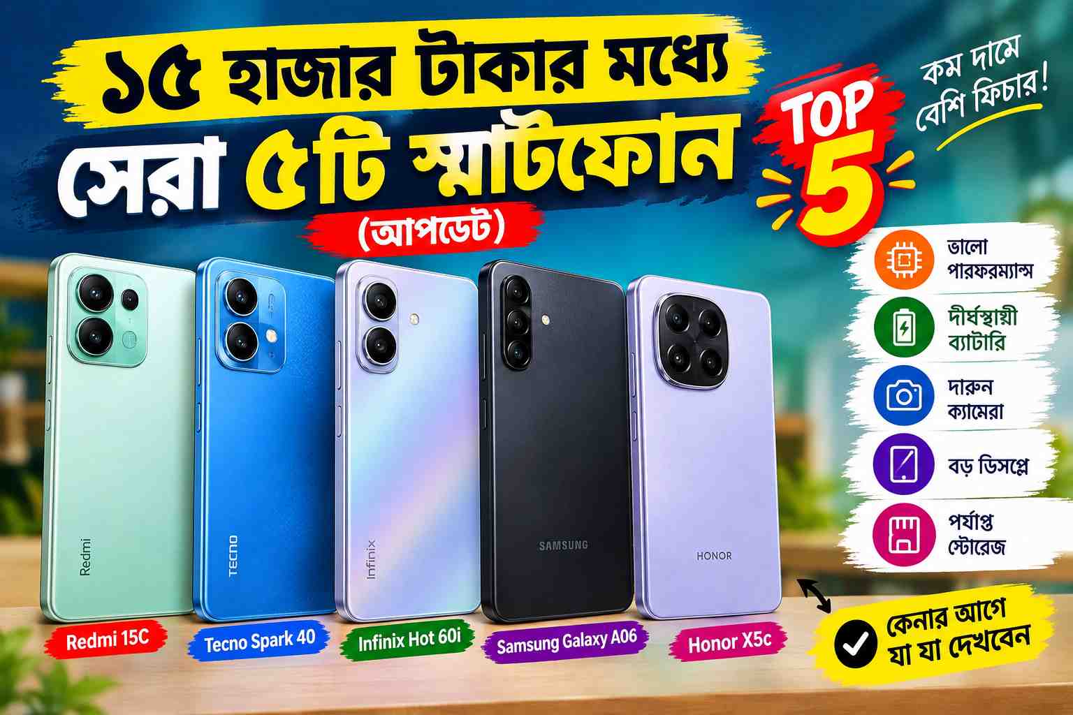 ১৫ হাজার টাকার মধ্যে সেরা ৫টি স্মার্টফোন ২০২৬ | দাম ও স্পেসিফিকেশন