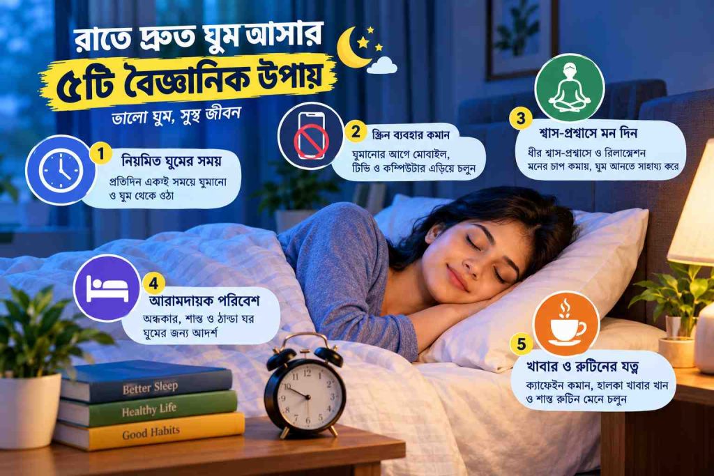 রাতে দ্রুত ঘুম আসার ৫টি বৈজ্ঞানিক উপায়: অনিদ্রা কমিয়ে ভালো ঘুমের সম্পূর্ণ গাইড